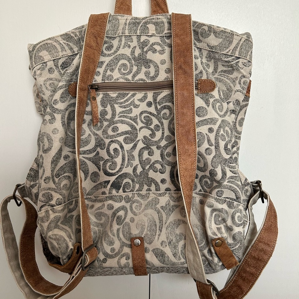 Myra Patterned Large Canvas Backpack With Leather… - image 2
